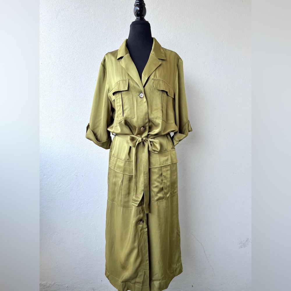 H&M Olive Green Utility Midi Dress with Tie Waist